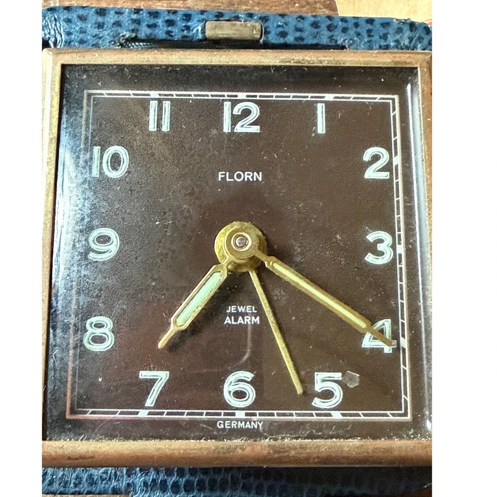 Vintage Florn Jewel Alarm Travel Clock Blue Leather Case Made in Germany